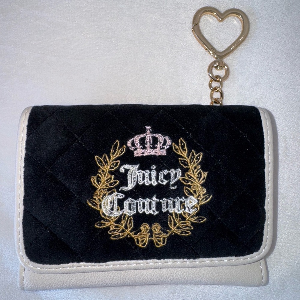 Black Velour And White Faux Leather Juicy Couture Trifold Wallet Heart Keyring